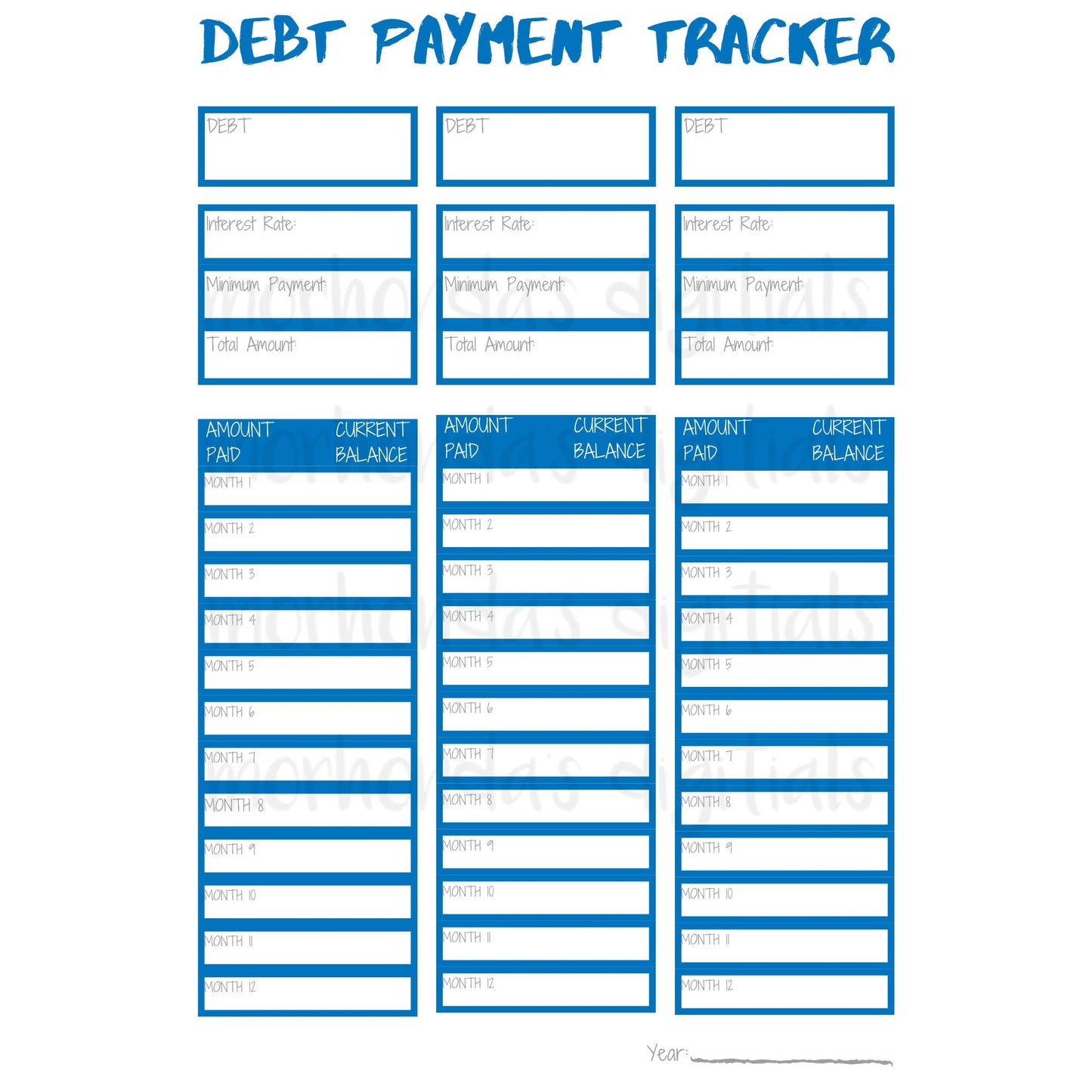 DEBT Tracker | Debt Payment Worksheet | Budget Planner | Grey | Mauve | Blue | Monthly | 8.5x11 Pdf