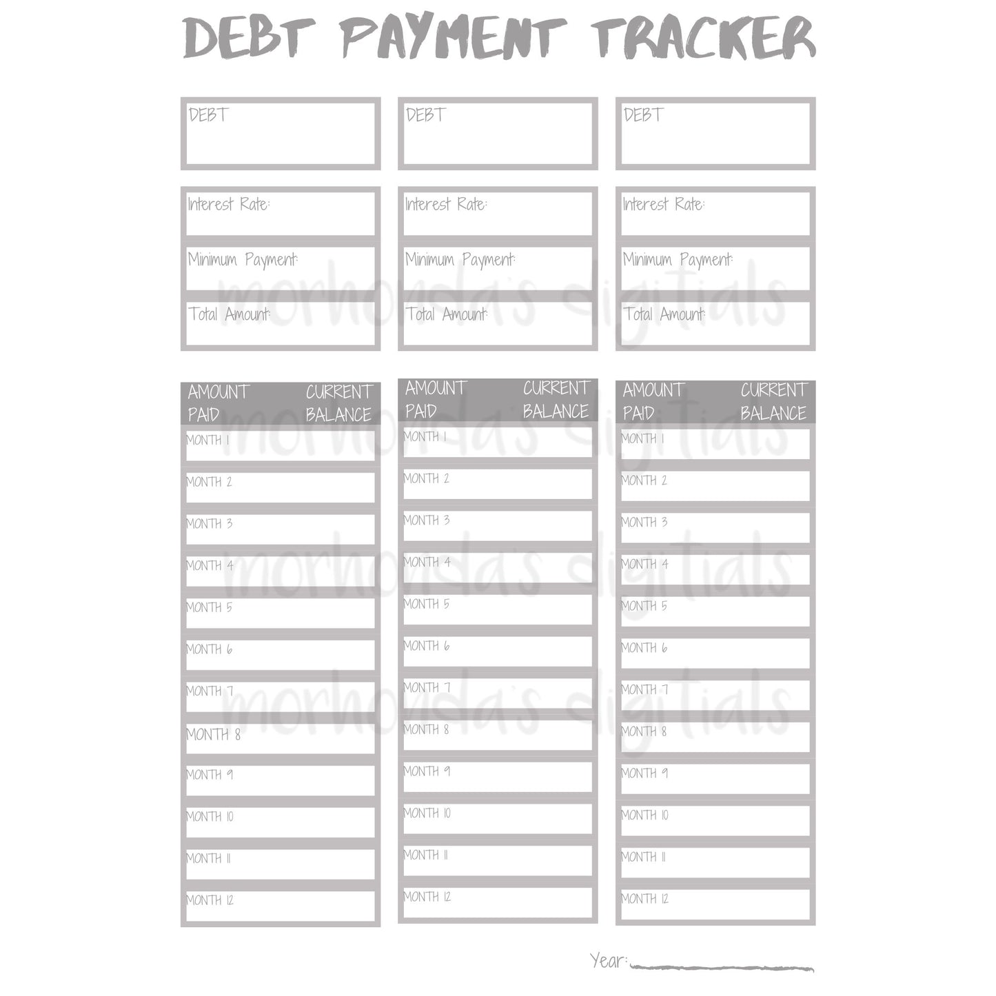 DEBT Tracker | Debt Payment Worksheet | Budget Planner | Grey | Mauve | Blue | Monthly | 8.5x11 Pdf