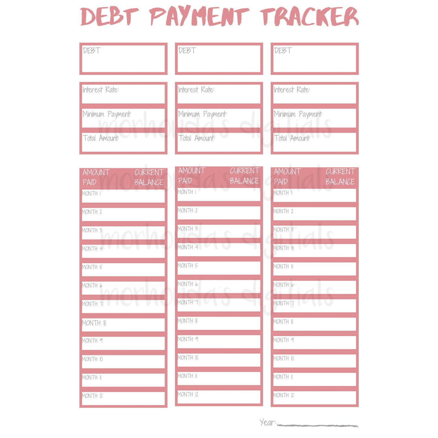 DEBT Tracker | Debt Payment Worksheet | Budget Planner | Grey | Mauve | Blue | Monthly | 8.5x11 Pdf