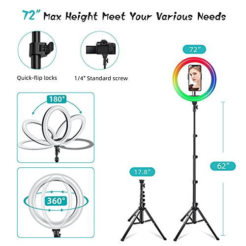 Weilisi 10" Ring Light with Stand 72'' Tall & 3 Phone Holders,42 Color Modes Selfie Ring Light with Tripod Stand,Stepless Dimmable/Speed LED Ring Light for iPhone & Android,YouTube, Makeup,TIK Tok