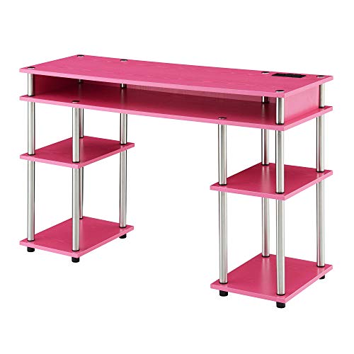 Convenience Concepts Designs2Go No Tools Student Desk with Charging Station and Shelves, Pink