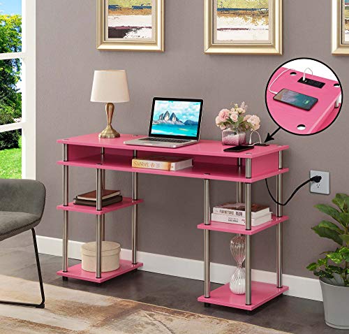 Convenience Concepts Designs2Go No Tools Student Desk with Charging Station and Shelves, Pink