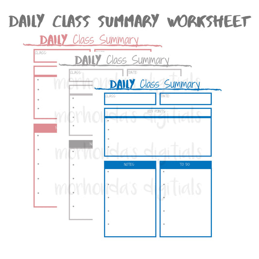 DAILY Class Printable | Summary | Student Planner | Note Organizer | College Planner | School Printable | Class Notes | 8.5x11 Pdf