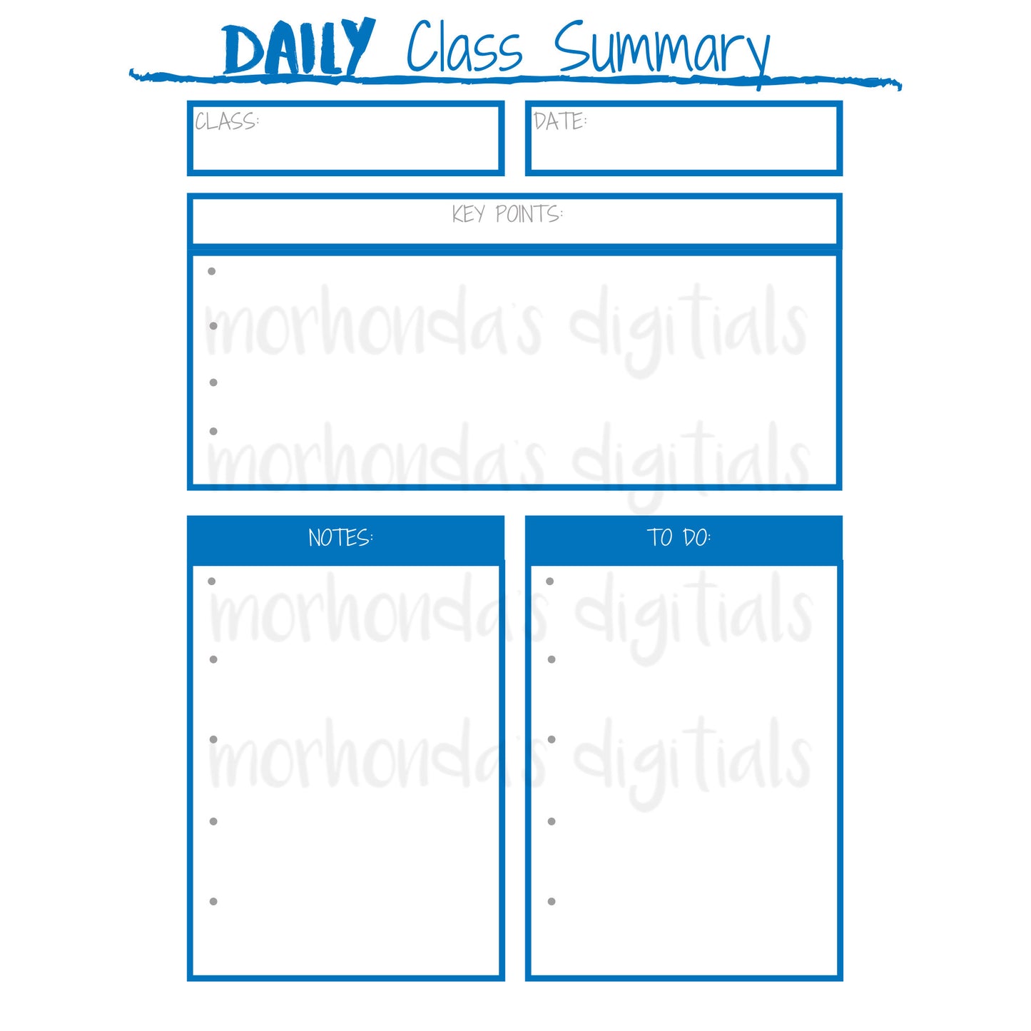 DAILY Class Printable | Summary | Student Planner | Note Organizer | College Planner | School Printable | Class Notes | 8.5x11 Pdf