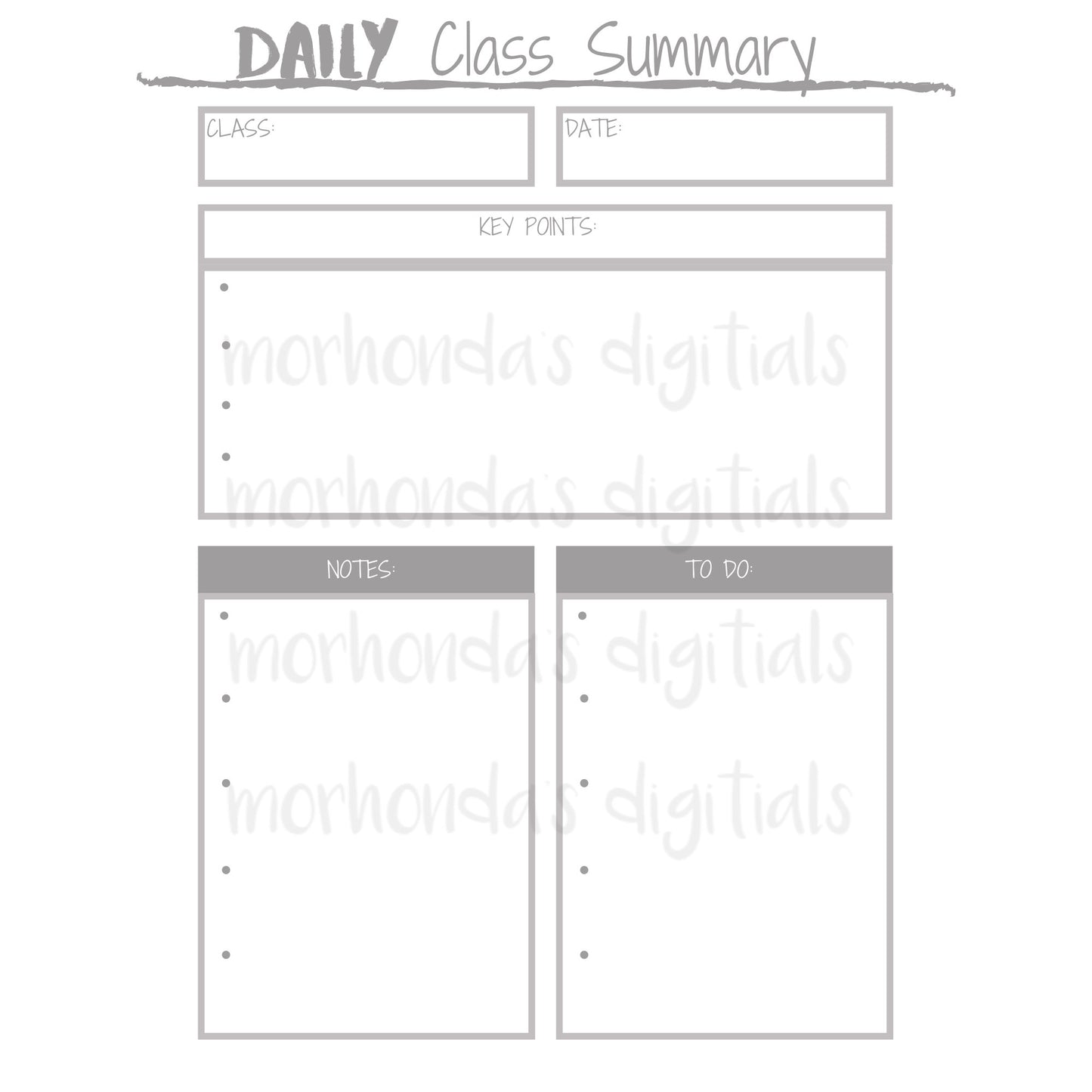 DAILY Class Printable | Summary | Student Planner | Note Organizer | College Planner | School Printable | Class Notes | 8.5x11 Pdf