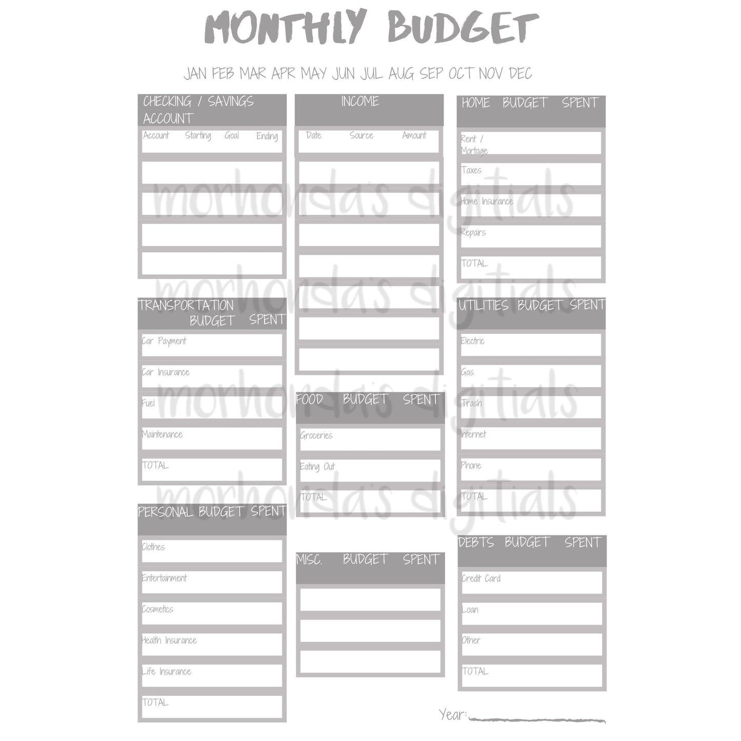 MONTHLY BUDGET PRINTABLES | Grey | Mauve | Blue | Budget Tracker | 8.5x11 Pdf