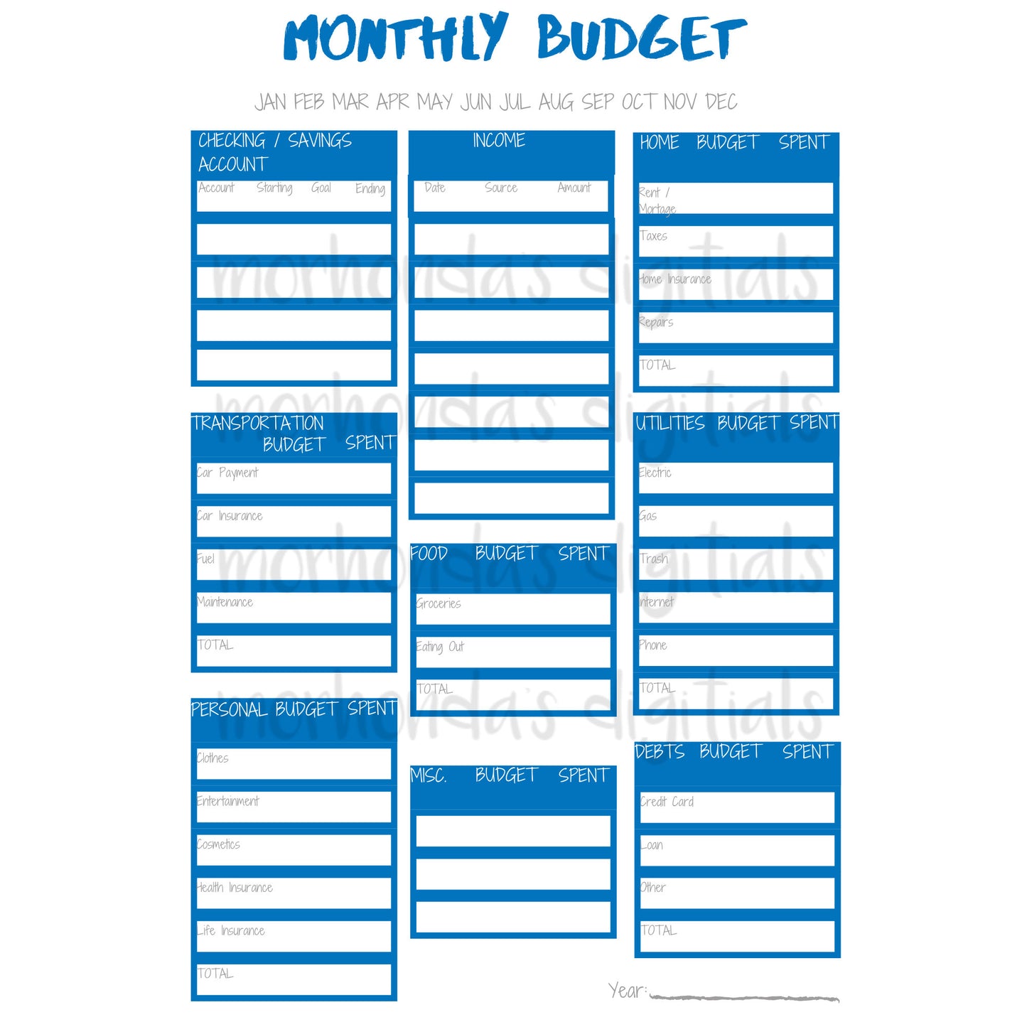 MONTHLY BUDGET PRINTABLES | Grey | Mauve | Blue | Budget Tracker | 8.5x11 Pdf