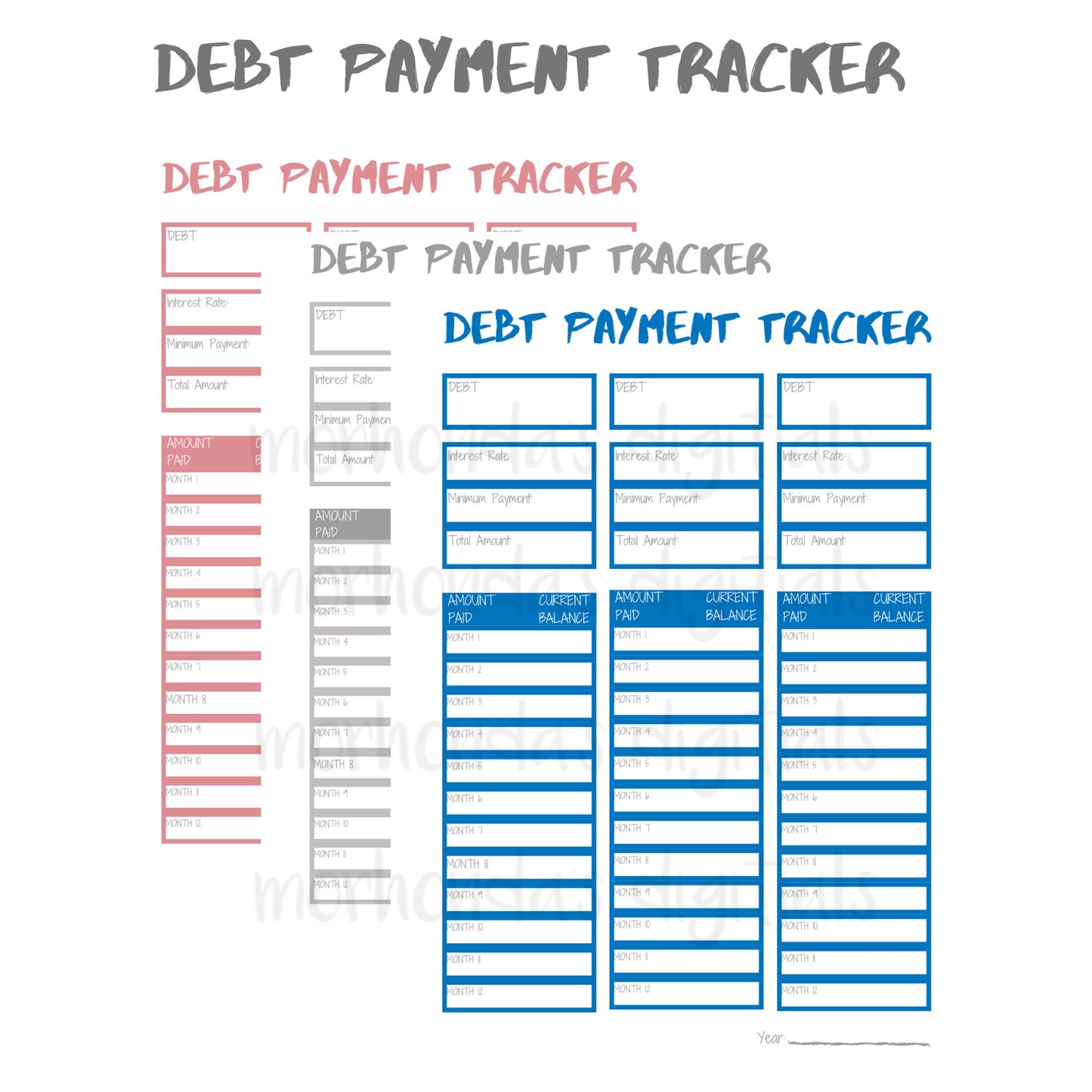 DEBT Tracker | Debt Payment  Worksheet | Budget Planner | Grey | Mauve | Blue | Monthly | 8.5x11 Pdf