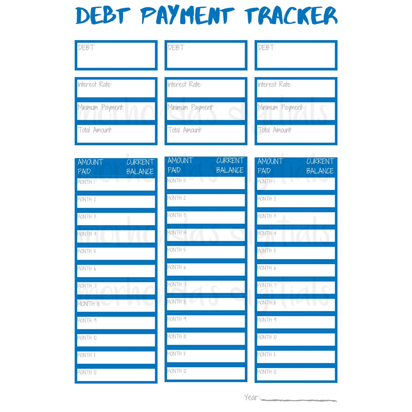 DEBT Tracker | Debt Payment  Worksheet | Budget Planner | Grey | Mauve | Blue | Monthly | 8.5x11 Pdf